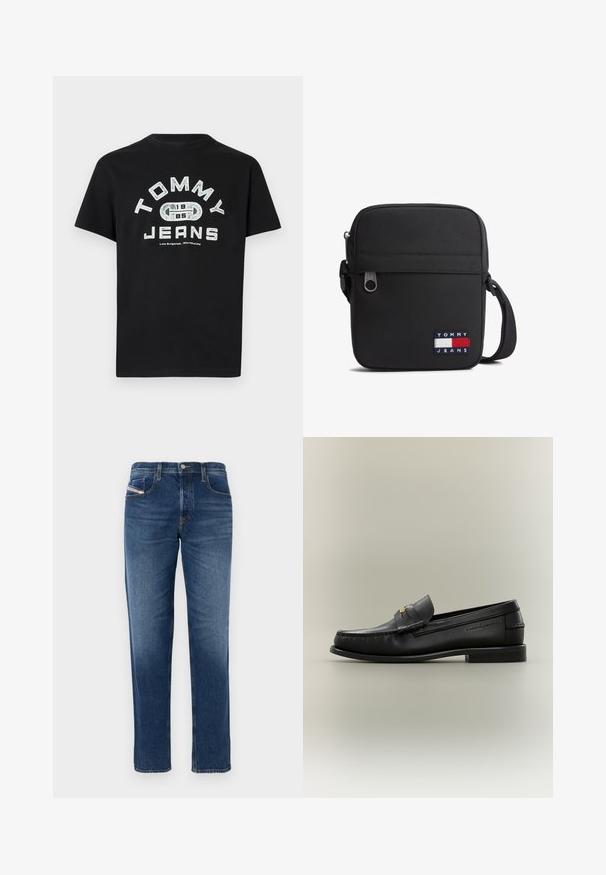 Čierne bavlnené tričko s výrazným bielym potlačeným logom "TOMMY JEANS" s grafikou a rokom "1985" pod ním. Krátke rukávy, okrúhly výstrih.; Modré džínsy s rovnými nohavicami, piatimi vreckami a jemným vyblednutím. Majú kontrastný šev a zapínanie na gombík v páse.; Čierna kožená slip-on mokasína s nízkym podpätkom, zlatou prackou a vyrazeným názvom značky na boku na neutrálnom pozadí.; Čierna crossbody taška s nastaviteľným remienkom, predným vreckom na zips a nášivkou s logom Tommy Jeans v červenej, bielej a modrej farbe na prednej spodnej pravej strane.
