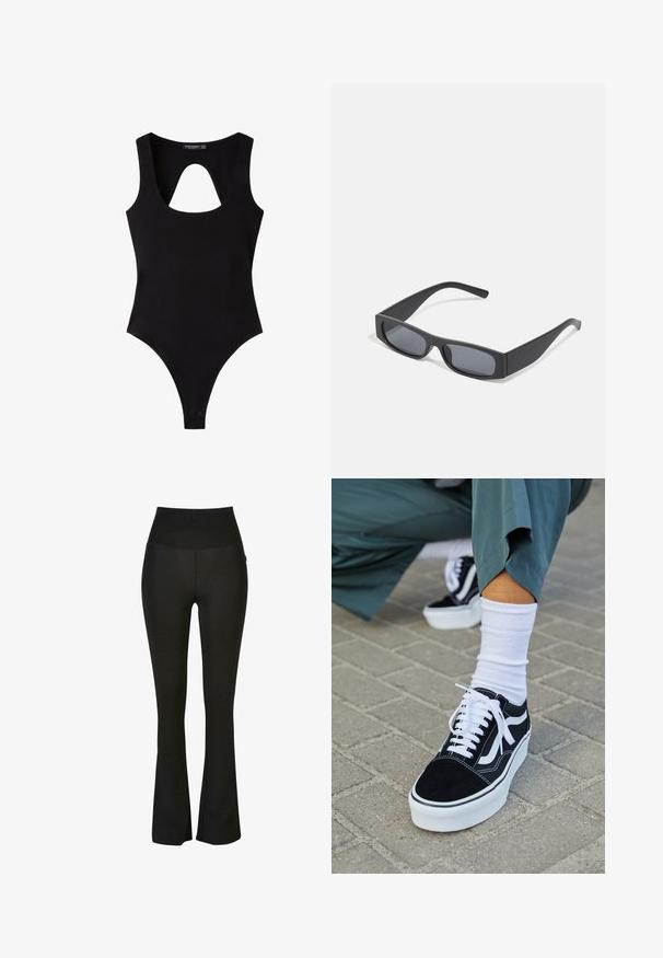 Zwart mouwloos body met een ronde halslijn en een sleutelgatuitnijding bij de borst, met drukknoopjes in het kruis.; Zwarte uitlopende leggings met een hoge tailleband, gemaakt van een soepel, rekbaar materiaal. Kenmerkend is de aansluitende silhouette en de subtiele naden.; Zwarte suède sneaker met witte accenten en veters, uitgerust met een dikke witte zool en contrasterende stiksels, gecombineerd met een witte sok.; Zwarte rechthoekige zonnebril met donkere lenzen en dikke matte monturen. De zijstukken zijn licht taps toelopend met een gladde textuur.
