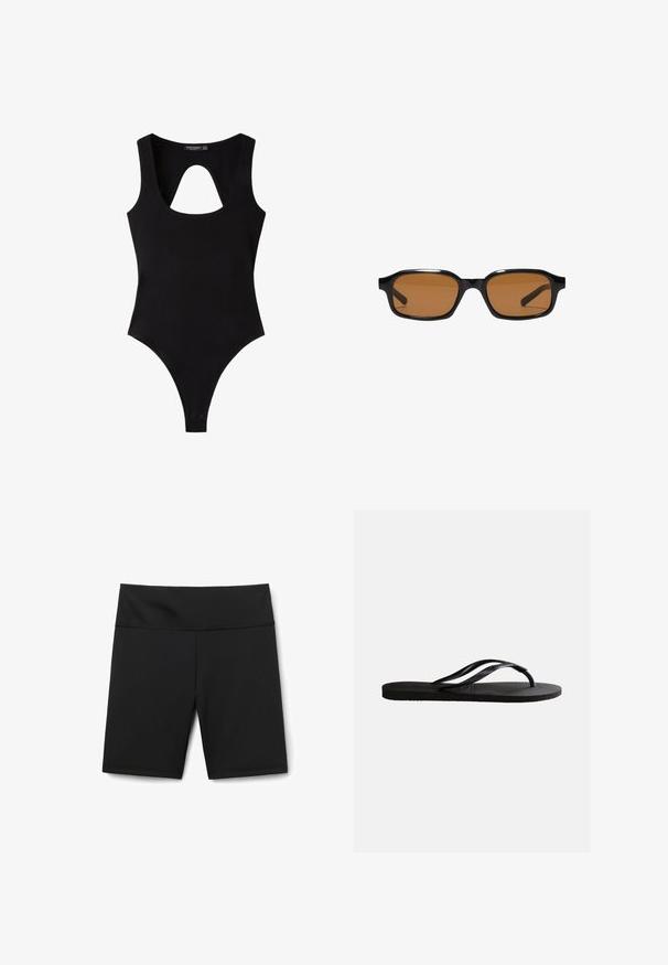 Schwarzer ärmelloser Body mit U-Boot-Ausschnitt und Schlüsselloch-Ausschnitt an der Brust, mit Druckknöpfen im Schritt.; Schwarze Sportshorts aus dehnbarem, feuchtigkeitsableitendem Stoff. Sie verfügen über einen hohen Taillenbund, eine glatte Textur und saubere, fertig gesäumte Abschlüsse.; Schwarze Gummizehensandale mit strukturiertem Fußbett und dünnen, Y-förmigen Riemen vor einfachem weißem Hintergrund.; Schwarze rechteckige Sonnenbrille mit dickem Rahmen und braunen getönten Gläsern, von vorne auf weißem Hintergrund gezeigt.