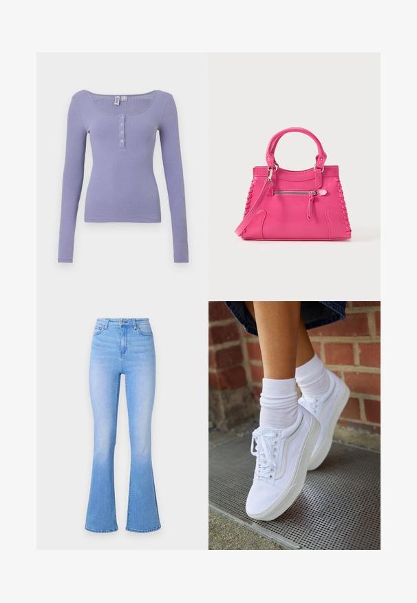 Geribbelde langetermijn top in licht lavendel, met een ronde halslijn en drie knopen aan de voorkant, met een aansluitende pasvorm en een zachte textuur.; Lichtblauwe flare jeans met hoge taille, gemaakt van denim. Heeft een gladde textuur en een subtiele vervaging naar de zoom toe. Klassiek ontwerp met vijf zakken.; Witte canvas sneakers met rubberen zolen, voorzien van zes vetertjes, een ronde neus en lichte stikdetails, gecombineerd met witte enkelsokken.; Roze leren handtas met dubbele handvatten, decoratief zijvetersluiting en een voorvak met ritssluiting. Glad oppervlak, gestructureerde vorm.