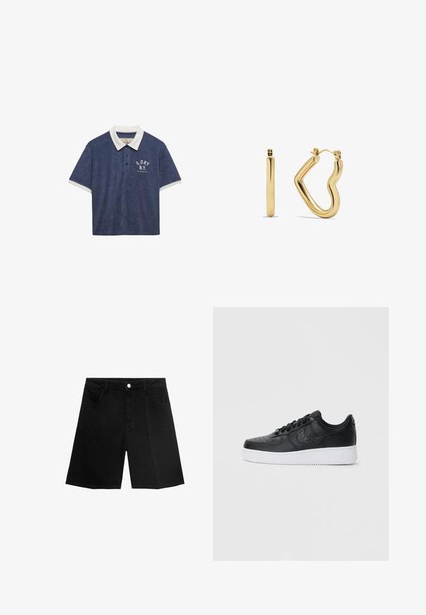 Marineblauw poloshirt met korte mouwen, witte kraag en manchetten, knopen aan de voorkant en "S.DRY N.Y." tekst op de linkerborst.; Zwarte denim shorts met een rechte snit, vijf zakken en een zilveren knoopsluiting. Gladde textuur met minimale stikseldetails.; Zwarte leren sneaker met geperforeerde neus, witte rubberen zool en een gestructureerd Nike-logo. Beschikt over ronde veters en een gewatteerde kraag.; Gouden creolen met een unieke vorm en een gladde textuur. De ene is langwerpig en recht, terwijl de andere een gebogen ontwerp heeft.