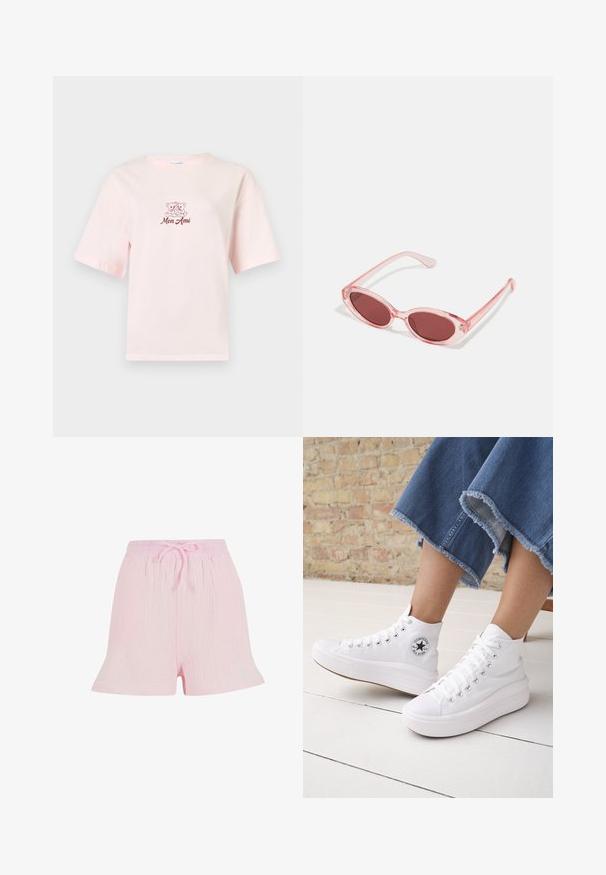 Lyserød, kortærmet T-shirt med en lille grafik af to tøjdyr og teksten "Mon Ami" i rødt på brystet.; Lyserøde shorts lavet af tekstureret stof, med en elastisk talje og snoretræk samt en afslappet, udfladet silhuet.; Person iført hvide høje Converse-sneakers med tykke såler og beskårne blå jeans med flossede kanter mod en murstensvæg og hvidt gulv.; Lyserøde transparente solbriller med ovale linser, mørkerød toning og slanke stænger, der har en glat overflade og diskret detaljering på rammen.
