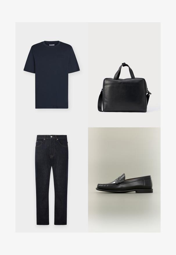 Marineblaues T-Shirt mit kurzen Ärmeln und Rundhalsausschnitt mit dezentem Textdetail auf der Brust, dargestellt vor einem schlichten hellen Hintergrund.; Dunkelblaue Denim-Jeans mit geradem Bein, ausgestattet mit fünf Taschen, kontrastierenden orangen Nähten und einem Knopfverschluss an der Taille.; Schwarzer Herren-Loafer aus Leder mit Mokassin-Zehennaht, Penny-Riemen und flachem Absatz vor neutralem Hintergrund.; Schwarze Leder-Reisetasche mit rechteckiger Form, zwei Griffen, abnehmbarem Schulterriemen und minimalen Verzierungen.