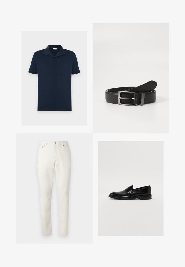 Polo bleu marine à texture côtelée, manches courtes et col plat. Comprend un ourlet droit et un design épuré et minimaliste.; Pantalon blanc à jambes droites avec poches avant, passants de ceinture et fermeture par bouton, présenté sur un fond gris clair.; Mocassin en cuir noir avec une pointe arrondie, des coutures discrètes et une finition lisse. Doté d'un talon bas empilé et d'une sangle sur le cou-de-pied.; Ceinture en cuir noir avec une boucle en métal argenté, présentant une finition lisse et un design classique. La ceinture est soigneusement pliée.