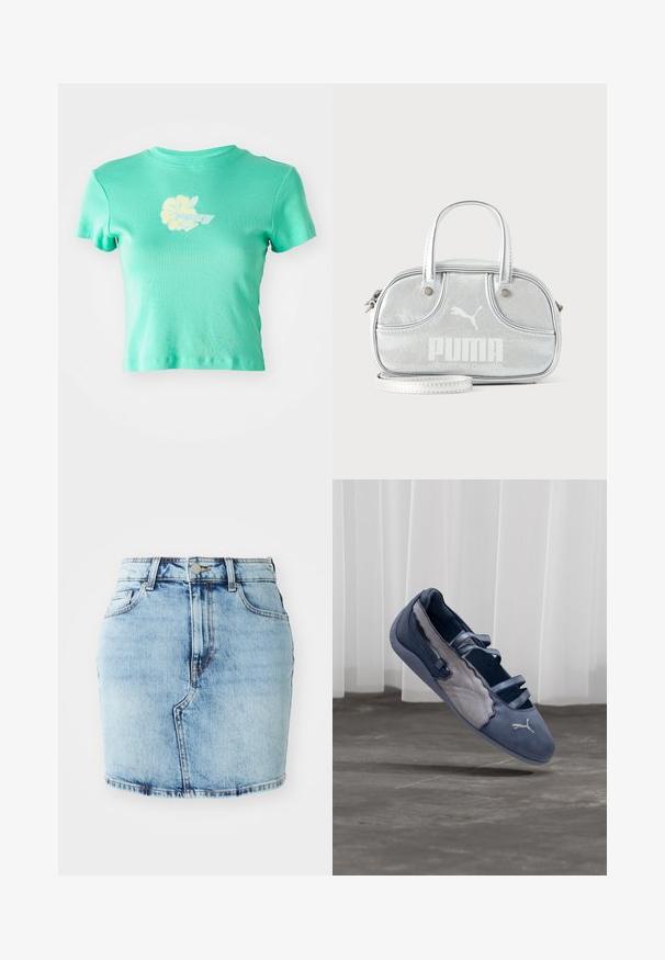 Geknipte t-shirt van lichte teal stof met een bloemendessin en het "ROXY" logo in wit en geel op de voorkant in het midden. Korte mouwen.; Lichtblauwe denimrok met een aansluitende pasvorm, vijf zakken, een knoop- en ritssluiting en gestikte details langs de zoom.; Blauwe en grijze Puma platte schoen met drie elastische bandjes, een gestructureerd zijpaneel en een wit Puma-logo, zwevend boven een betonnen vloer.; Kleine metallic zilveren Puma-handtas met dubbele bovenhengsels, een lange riem, voorlogo en ritssluiting op een effen lichte achtergrond.