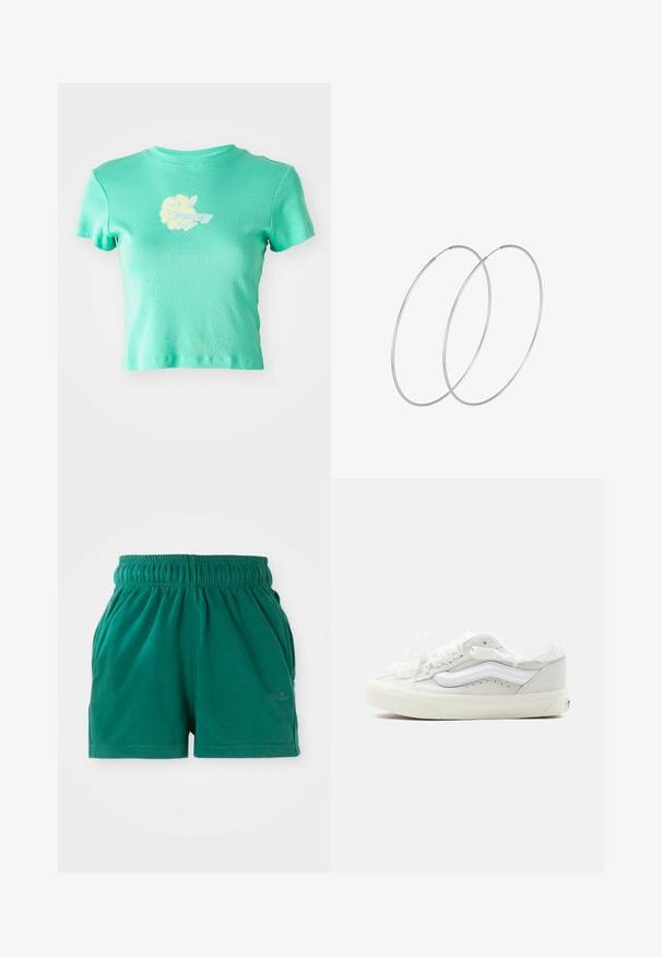 Geknipte t-shirt van lichte teal stof met een bloemendessin en het "ROXY" logo in wit en geel op de voorkant in het midden. Korte mouwen.; Groene casual shorts met elastische taille en zijzakken, met een subtiele logo op het rechterbeen.; Wit laag model canvas sneaker met een witte rubberen zool, satijnen lintveters en een wit golfpatroon aan de zijkant.; Zilveren hoepel oorbellen met een minimalistisch ontwerp. Cirkelvormig, gladde textuur en dun profiel. Lichtgewicht met een gepolijste afwerking.