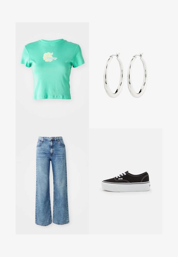 Geknipte t-shirt van lichte teal stof met een bloemendessin en het "ROXY" logo in wit en geel op de voorkant in het midden. Korte mouwen.; Lichtblauwe denim wijde broek met een hoge taille, voorzien van vijf zakken, sluiting met bovenste knop en contrasterende stiksels langs de naden.; Zwarte canvas sneaker met een witte rubberen platformzool, voorzien van witte veters en stiksels, iconische branding op de zijkant, low-top ontwerp.; Zilveren oorbellen in de vorm van een gladde, glanzende ring. Circulaire vorm, voorzien van een veilige sluiting. Eenvoudig en elegant ontwerp.