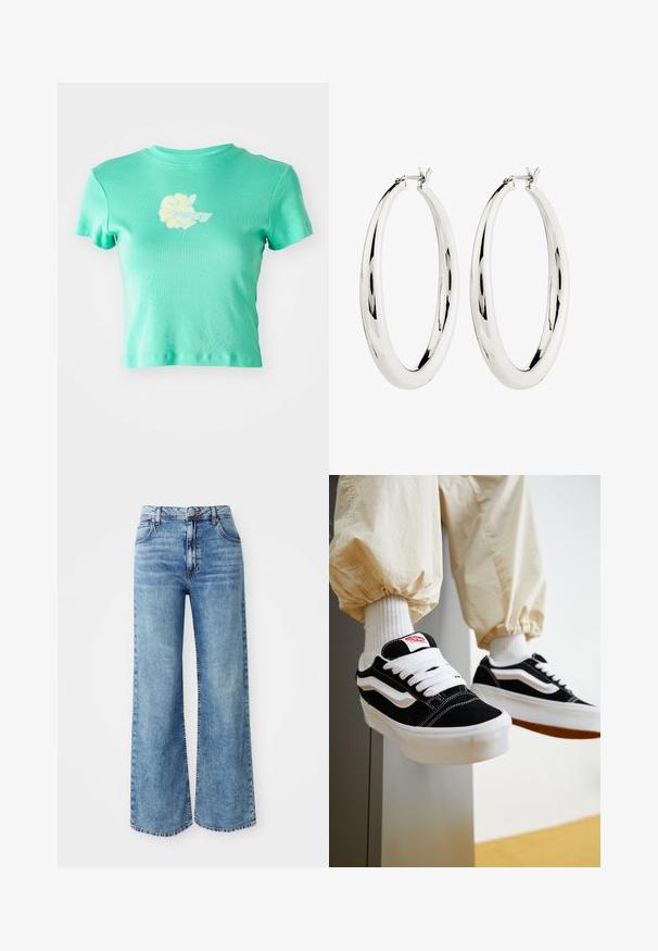 Gekürztes T-Shirt aus hellblauem Stoff mit floralem Design und "ROXY"-Logo in Weiß und Gelb auf der Vorderseite. Kurze Ärmel.; Hellblaue Denim-Jeans mit weit geschnittenem Bein und hoher Taille, ausgestattet mit fünf Taschen, einer Knopfverschluss und kontrastierender Naht entlang der Nähte.; Person, die schwarz-weiße Vans-Sneaker mit weißen Schnürsenkeln, weißen Socken und beigen Hosen mit elastischen Bündchen trägt.; Silberne Creolen mit einer glatten, reflektierenden Oberfläche. Runde, große Form mit einem sicheren Verschluss an der Oberseite. Polierte Oberfläche betont den Glanz.