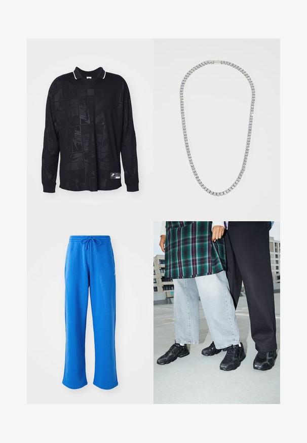 Langærmet sort polo t-shirt med et tekstureret mønster, kontrastfarvet hvid krave og Nike-logo på nederste venstre side.; Jordan PANT - Træningsbukser - sport blue/white; Sorte atletik sko med mesh- og gummidetaljer. Båret med lysegrå vide jeans og en ternet grøn bluse. Flad overflade i baggrunden.; DARKAI TENNIS LONG UNISEX - Halskæder - silver-coloured