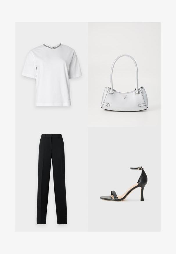 T-shirt en coton blanc à manches courtes, col rond orné d'un embellissement argenté, coupe décontractée, texture lisse.; Pantalons noirs taille haute à jambe droite, avec passants de ceinture et fermeture éclair à l'avant, présentés sur un fond blanc.; Sandale à talons hauts en cuir noir avec une fine bride de cheville, bout ouvert et un talon élégant et courbé. Semelle texturée et design minimaliste.; Sac à main argenté avec un design structuré, doté de deux poignées, d'une texture brillante, de quincaillerie accentuée et d'un logo triangulaire sur le devant.