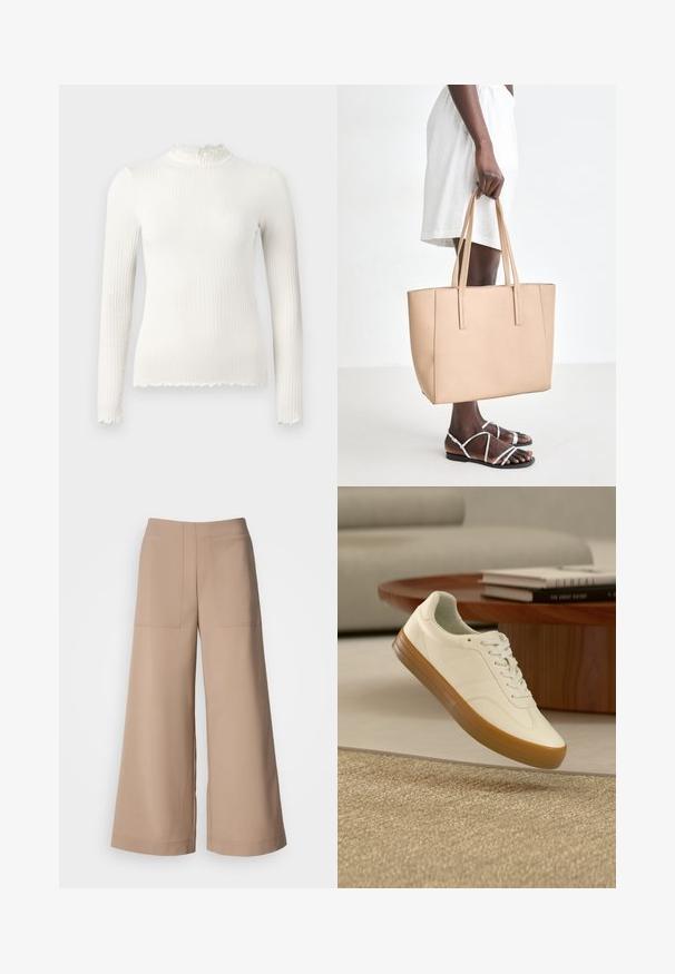 Witte ribgebreide top met lange mouwen, hoge hals en zoom met kroeseffect, getailleerde stijl, getoond op een effen lichtgrijze achtergrond.; Wide-leg broeken in een lichtbeige stof. Beschikt over twee voorzakken, een platte tailleband en een gladde textuur met een verzorgde afwerking.; Witte sneaker met een zool van kaux drijvend boven een beige tapijt in een woonkamer met een houten tafel en gestapelde boeken op de achtergrond.; Beige leren schoudertas met twee lange handvatten, rechthoekige vorm, gladde textuur en een minimalistisch ontwerp.
