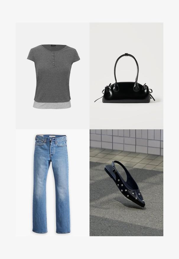 Mørkegrå kortærmet ribstrikket top med rund halsudskæring, fireknaps lukning og lysegrå lagdelt kantdetalje.; Blå denim jeans med et straight leg design har høj talje, klassisk fem-lomme stil og tydelig forvitring på lårene.; Sort spids slingback-sko med sølvnitter, der svæver over asfalt tæt på flisebelagt væg.; Lille sort blank håndtaske med to lange håndtag og snøre-detaljer i siden på en ensfarvet lys baggrund.