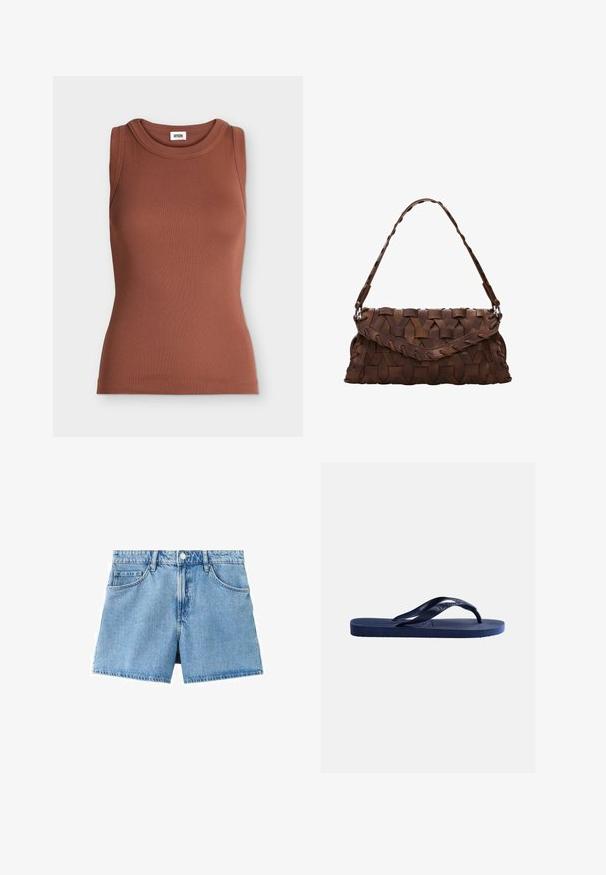 Braunes ärmelloses, eng anliegendes geripptes Tanktop mit rundem Ausschnitt und Markenlabel innen im Kragen.; Blaue Jeansshorts mit hoher Taille, Einzelknopfverschluss, Fronttaschen und rohem Saum, ausgestattet mit einem hellen Waschton und strukturiertem Stoff.; Marineblaue Gummi-Zehensandale mit strukturiertem Sohlenprofil und Y-förmigem Riemen vor einfarbigem hellem Hintergrund.; Braune Lederhandtasche mit geflochtenem Riemen und Klappenverschluss, mit geflochtenen Details am Griff und an den Kanten.