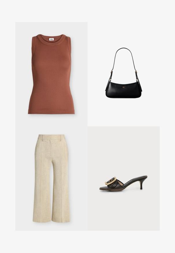Débardeur marron slim fit en côtes sans manches avec encolure ronde et étiquette de marque à l’intérieur du col.; Pantalon beige à jambes larges avec passants de ceinture, plis devant et finition en tissu texturé.; Mule noire en cuir à bout ouvert, talon stiletto bas et grande boucle dorée sur la bride supérieure.; Mini sac à bandoulière en cuir noir avec une fine bandoulière et un petit logo CK doré au centre avant.
