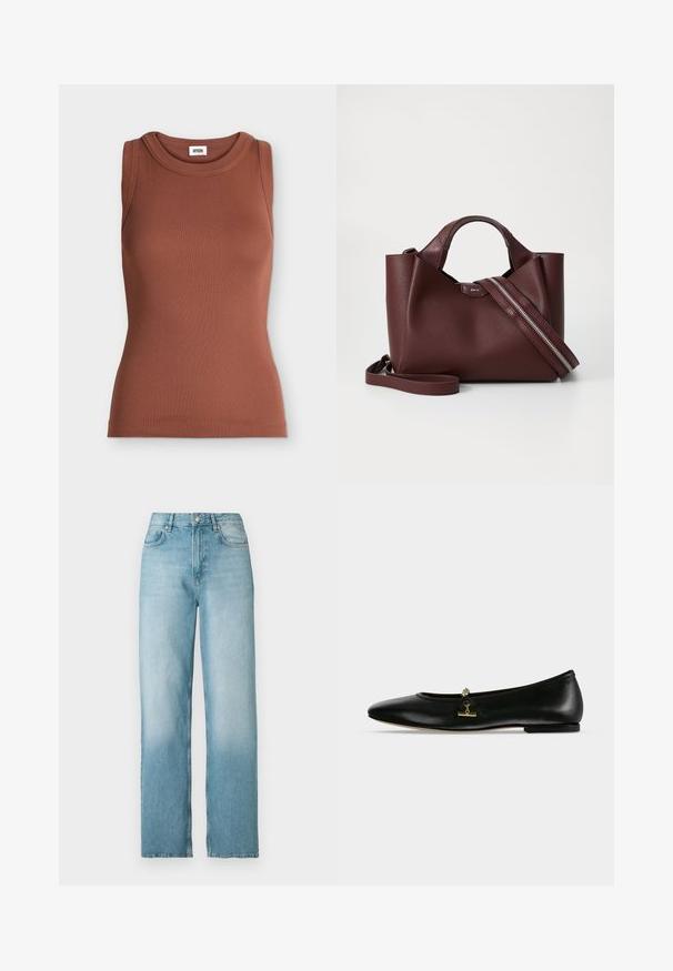 Bruine mouwloze slim-fit geribde tanktop met ronde hals en merklabel binnenin de kraag.; Lichtblauwe high-waist rechtgesneden spijkerbroek met knoop- en ritssluiting aan de voorkant, voor- en achterzakken, weergegeven tegen een witte achtergrond.; Zwarte leren platte schoen met een klein gouden kettinkje en stangdetail aan de bovenkant, ronde neus en lage hak.; Bordeaux leren handtas met een gestructureerd oppervlak, twee korte handvatten en een afneembare schouderband met een zilveren ritsdetail.