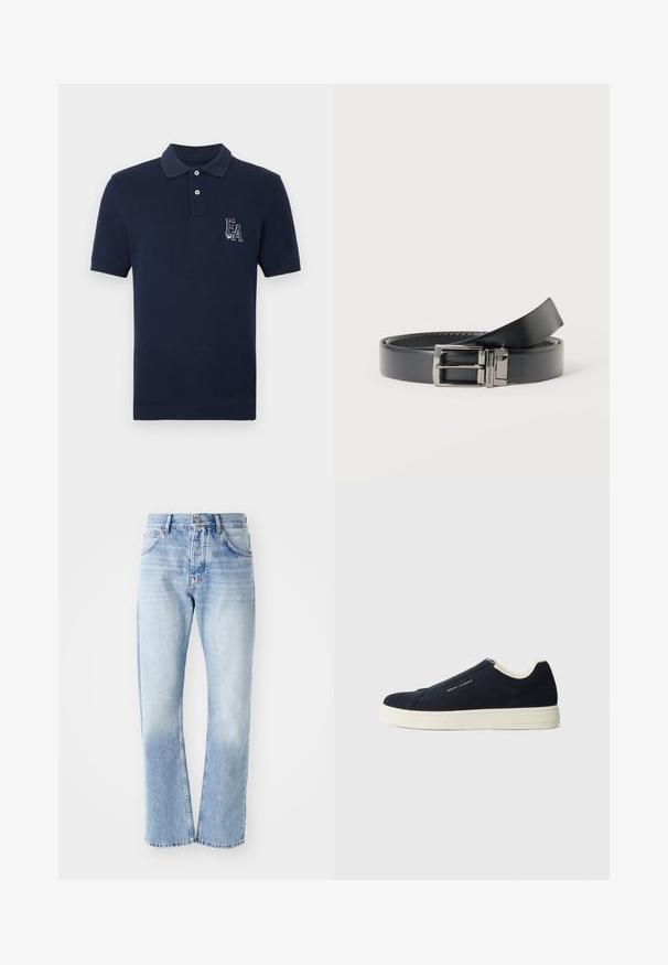 Marineblå polo i bomuldsblanding; har krave, korte ærmer, toknappet lukning og broderet EA-logo på brystet.; Lyseblå denim jeans med lige ben. Har en fem-lomme design, knaplukning og en falmet tekstur mod bunden.; Marineblå ruskinds slip-on sneakers med en hvid gummisål, der har en syet design og diskret branding på siden.; Sort læderbælte med sølv metalspænde lagt fladt på en hvid overflade, der viser mærkenavnet indgraveret på spænden.
