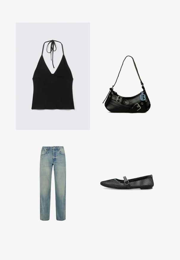 Sort halter crop top uden ærmer med tynde stropper, der bindes bag på nakken, på ensartet lys baggrund.; Lys blå jeans lavet af denim, med et straight-leg design, fem lommer og en knaplukning i taljen. Der ses slidte detaljer.; Sorte mesh balletflade har en rund tå, en tynd rem med spænde og en flad sål. Overdelen har et geometrisk mønster for ventilation.; Sort syntetisk håndtaske med en buet form, justerbar rem og dekorative metalspænder. Har en glat, blank tekstur.