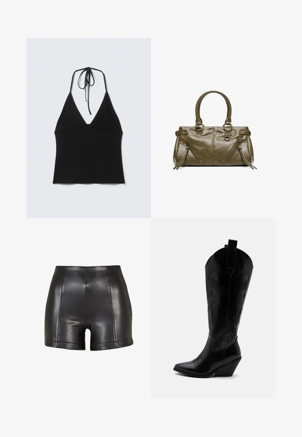 Haut court noir sans manches avec col halter et fines bretelles nouées à l'arrière du cou sur un fond clair uni.; Shorts en simili cuir noir avec une taille haute, une texture lisse et des coutures visibles sur le devant et l'ourlet.; Botte de cowboy en cuir noir avec bout pointu, talon bloc incliné, couture décorative et languettes en haut sur fond blanc.; Sac à main en cuir vert olive avec deux poignées, deux poches zippées diagonales avec pompons et petits clous décoratifs en laiton.
