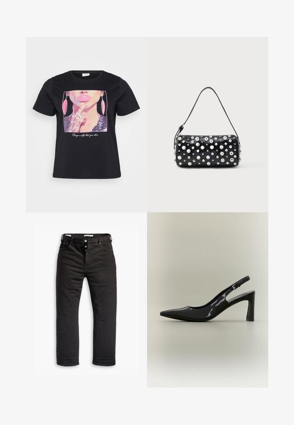 Sort t-shirt med et palietmotiv af en kvindes ansigt med pink læber og øreringe, samt teksten "Design en selv, som du elsker" under.; Sorte denim jeans med lige ben, med knaplukning, fem lommer og diskrete syninger. Glat tekstur.; Sort laklæder slingback pumpt med spids tå, blokhæl i mellemstørrelse og justerbar spænde.; Sort læderhåndtaske med rund form, dekoreret med sølvnitter. Har en aftagelig rem og lynlås. Glat tekstur.