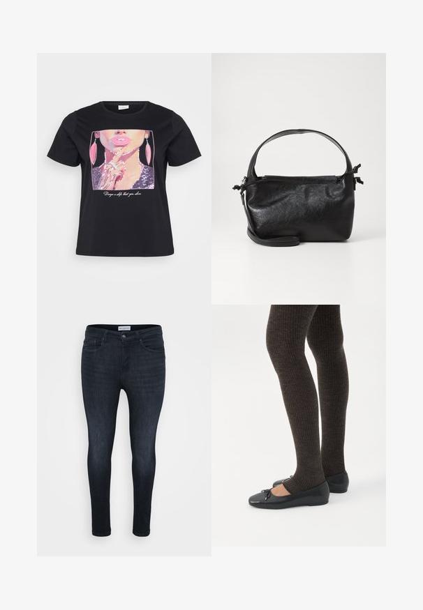 Sort t-shirt med et palietmotiv af en kvindes ansigt med pink læber og øreringe, samt teksten "Design en selv, som du elsker" under.; Mørkeblå skinny jeans med en glat overflade, der har et klassisk fem-lomme-design og en lynlås med knaplukning.; Ben iført mørke ribbede leggings kombineret med sorte balletsko med små sløjfedetaljer på hvid baggrund.; Sort læderhåndtaske med et struktureret design, rund tophåndtag og aftagelig skulderrem. Den har en glat tekstur og en subtil glans.