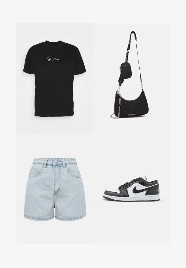 T-shirt en coton noir à manches courtes, présentant un graphique blanc en signature sur la poitrine et un design classique à col rond.; Shorts en jean bleu clair à taille haute avec boutons sur le devant, fermeture éclair et deux poches avant sur fond uni.; Des baskets basses Nike en noir et blanc présentent un cuir lisse sur le dessus, un bout rond, un système de laçage et une semelle extérieure en caoutchouc à motifs.; Sac en nylon noir à l'épaule avec une forme incurvée, accent en chaîne argentée, pochette mini amovible et bandoulière ajustable ; présente le logo "Steve Madden".