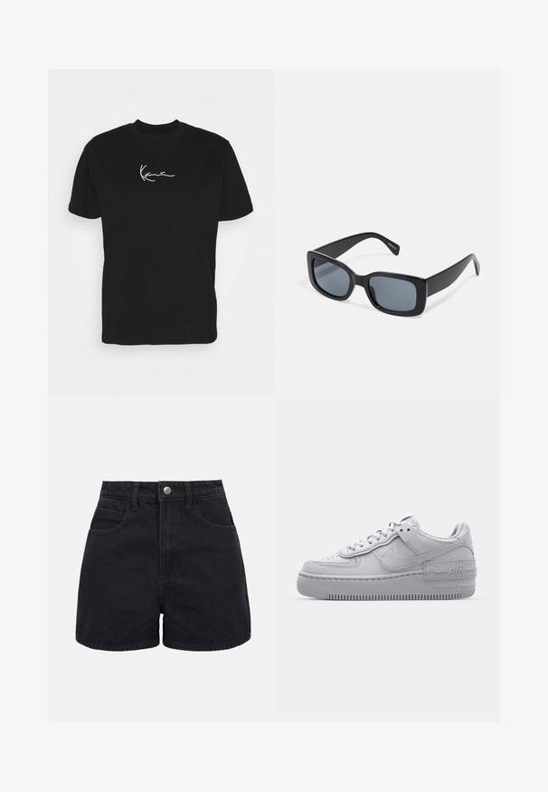 Sort bomulds t-shirt med korte ærmer, prydet med en hvid signaturgrafik på brystet og en klassisk rund halsudskæring.; Sorte denimshorts med høj talje, frontknap, bæltestropper og to forlommer på en ensfarvet hvid baggrund.; Grå Nike Air Force 1 sneakers med perforeret tå, glat læderoverdel, tyk sål og præget 'AIR' detalje på hælen.; Sorte rektangulære solbriller med mørkt tonede linser, tyk plastramme og brede stænger. Glat overflade og kantet design.