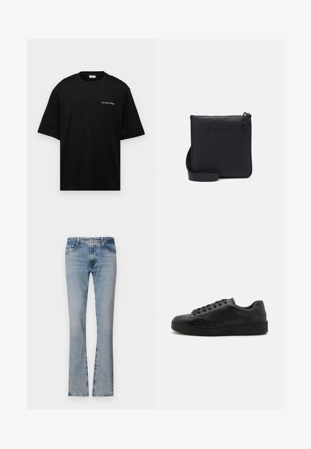 Čierne bavlnené tričko s voľným strihom, krátkymi rukávmi a bielym logom "FILLING PIECES" na ľavej hrudi. Hladká textúra.; Svetlomodré rifľové zvonové nohavice s stredne vysokým pásom, piatimi vreckami a vyblednutým vzhľadom, so zipsovým zapínaním a kovovým gombíkom.; Čierne kožené tenisky s okrúhlou špičkou, plochou podrážkou a tradičným šnurovaním. Majú hladkú textúru a decentné detaily na bočných paneloch.; Čierna kožená crossbody taška s textúrovaným povrchom, obdĺžnikového tvaru, so zipsovým uzáverom a nastaviteľným popruhom. Na prednej strane sa nachádza diskrétne logo značky.