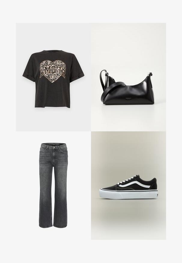 Zwart cropped T-shirt met korte mouwen, voorzien van een hartgrafiek met luipaardprint en het woord "AMOUR" in vetgedrukte letters in het midden.; Wijd uitgesneden jeans in donkergrijze denim, met een klassieke vijf-pocketontwerp, gestikte details en een knoopsluiting in de taille.; Lage zwarte sneaker met witte zijstreep, witte veters, witte rubberen zool en gestructureerde neus op een neutrale achtergrond.; Zwarte leren handtas met een gladde textuur. Beschikt over een verstelbare schouderband en een strak, minimalistisch ontwerp met een ritssluiting.