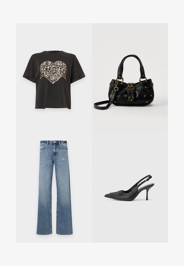 Camiseta negra corta de manga corta con un gráfico de corazón con estampado de leopardo y la palabra "AMOUR" en texto en negrita en el centro.; Jeans de mezclilla azul claro con cintura alta, diseño de pierna ancha, ligera desgastación y estructura tradicional de cinco bolsillos.; Sandal de tacón stiletto negro de cuero con punta afilada, correa lateral con hebilla, tachuelas a lo largo del borde y cordones decorativos en la parte delantera.; Bolso de cuero negro con hebilla y detalles de remaches dorados, asas cortas y una correa de hombro ajustable sobre un fondo blanco liso.