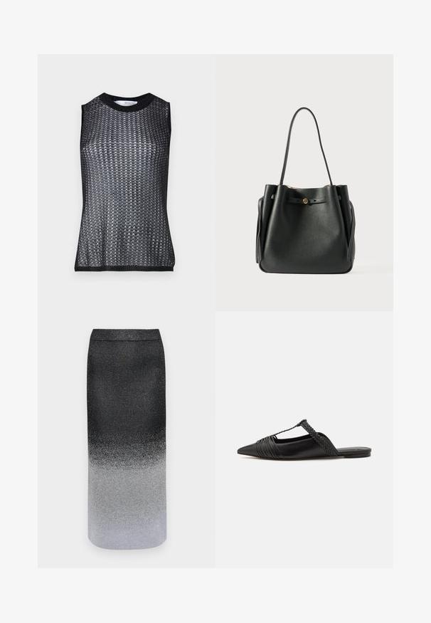 Sort ærmeløs top med et tekstureret, vævet mønster, featuring en rund halsudskæring og kontrasterende ribbede kanter og ærmegennemsnit.; Metallic nederdel med et ombre-design, der går fra sort øverst til sølv nederst, og som har en glat tekstur og en strømlinet form.; Sort læderslyngeback sko med spids tå, der har en vævet detalje og en plisseret overdel. Flad sål med minimal hardware.; Sort læder tote bag med en struktureret overflade, der har to lange håndtag og en guldtonet knaplukning foran.