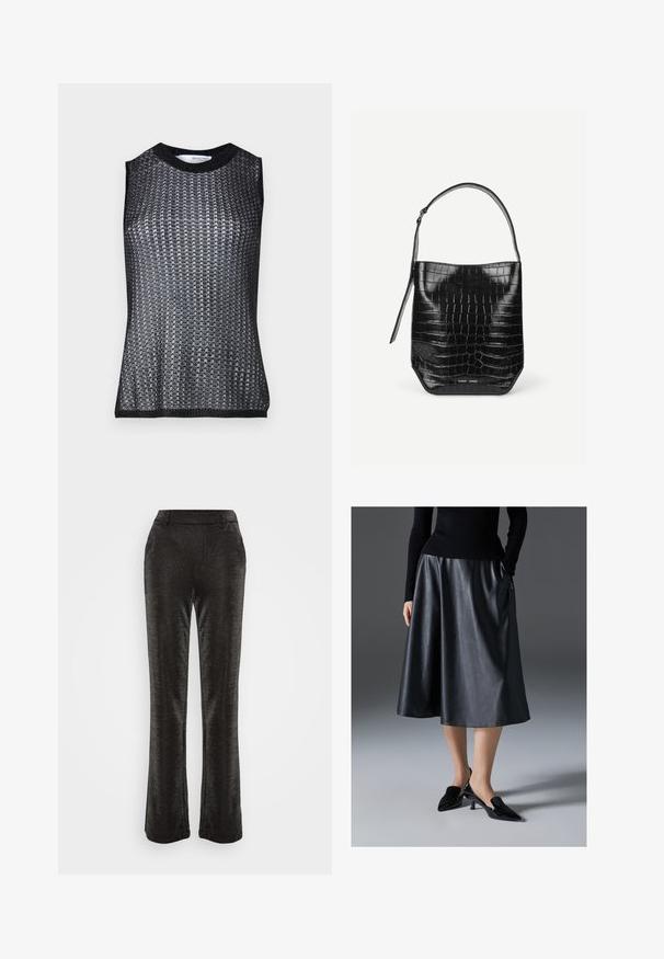 Top noir sans manches avec un motif tissé texturé, doté d'un col rond et d'un ourlet côtelé contrastant aux emmanchures.; Pantalon évasé noir en tissu texturé et pailleté. Doté d'une taille ajustée et de poches latérales, il présente une silhouette lisse jusqu'à l'ourlet.; Jupe midi en cuir noir au toucher lisse ; elle dispose d'une taille et de poches latérales. Associée à des chaussures à talons noirs brillantes.; Sac seau en cuir embossé noir façon croco avec une seule bandoulière et un petit logo argenté de la marque au centre en bas à l'avant.