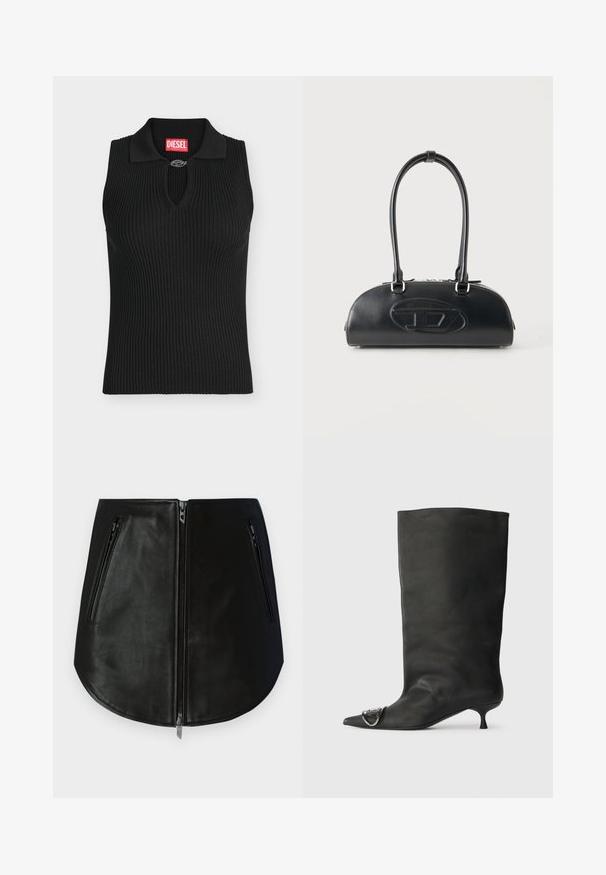 Haut noir sans manches en maille côtelée avec col et petite attache métallique au niveau de l'encolure, avec une étiquette rouge de la marque Diesel à l'intérieur du col.; Mini-jupe en cuir noir avec deux poches zippées à l'avant. Elle présente une texture lisse et un ourlet incurvé. Les fermetures éclair sont métalliques.; Bottines en cuir noir à bout pointu, petite talon et détail métallique sur le bout. Texture lisse et mate partout.; Sac à main en cuir noir avec longues poignées doubles et logo ovale embossé sur le devant, présenté sur un fond clair uni.