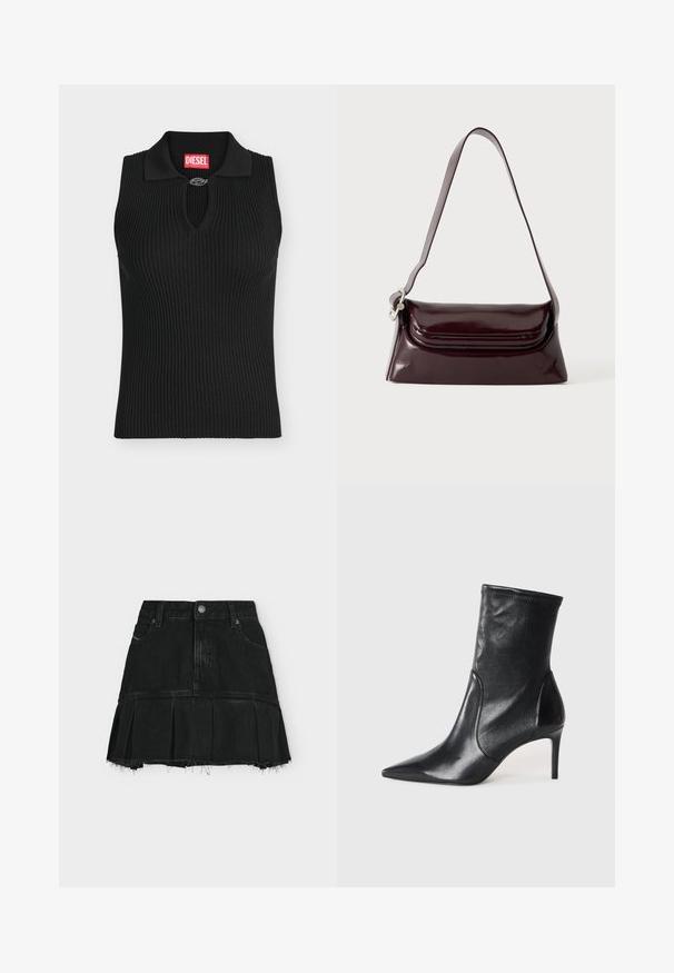 Haut noir sans manches en maille côtelée avec col et petite attache métallique au niveau de l'encolure, avec une étiquette rouge de la marque Diesel à l'intérieur du col.; Mini-jupe en denim noir avec bas plissé, ourlet effiloché, fermeture à boutons et zip devant, et passants pour ceinture sur un fond clair uni.; Bottes noires à la cheville en cuir lisse, dotées d'un bout pointu, d'un tige ajustée et d'un talon haut fin. Design minimaliste sans quincaillerie visible.; Sac à bandoulière en cuir bordeaux foncé avec fermeture à rabat et une fine sangle réglable, présenté sur un fond clair uni.