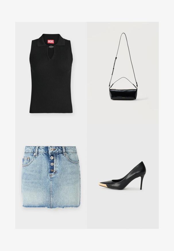 Haut noir sans manches en maille côtelée avec col et petite attache métallique au niveau de l'encolure, avec une étiquette rouge de la marque Diesel à l'intérieur du col.; Mini-jupe en jean bleu clair avec fermeture à boutons sur le devant, passants pour ceinture et ourlet brut.; Pompe à talon haut en cuir noir avec bout pointu ; présente une accentuation métallique dorée sur le capuchon. Surface lisse avec un design épuré.; Sac bandoulière rectangulaire en cuir noir avec bandoulière ajustable, fermeture éclair sur le dessus et petit logo Calvin Klein doré sur le devant.