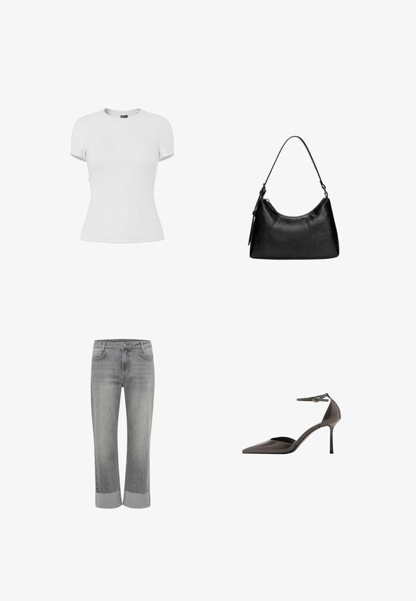 Plain hvid tætsiddende T-shirt med korte ærmer og rund hals, vist på en hvid baggrund.; Grå denim jeans med lige ben, med foldet kant. Klassisk fem-lommestil og lukning med knap foran.; Brun laklæder højhælet pump med spids tå, ankelrem og tynd stiletthæl. Glat tekstur og minimalistisk design.; Sort syntetisk læder håndtaske med en buet form, kort håndtag, lynlåslukning og en subtil tekstureret overflade.