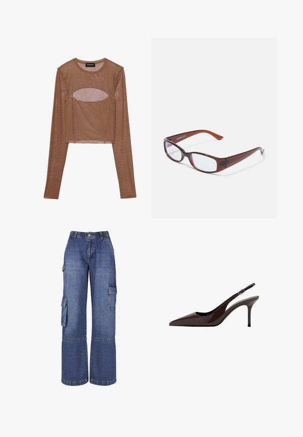 Haut court à manches longues en maille marron, avec un col rond et un détail découpé au niveau de la poitrine. Tissu léger avec une texture transparente.; Pantalons cargo en denim à jambes larges de couleur bleu moyen, avec plusieurs poches latérales, une fermeture à boutons et des coutures contrastées le long des coutures.; Talons slingbacks en cuir verni marron avec un bout pointu, un talon fin et une bride réglable. Texture lisse et finition brillante.; Lunettes rectangulaires teintées de brun avec une finition brillante, dotées de branches fines et de verres transparents. Logo visible sur la branche gauche.