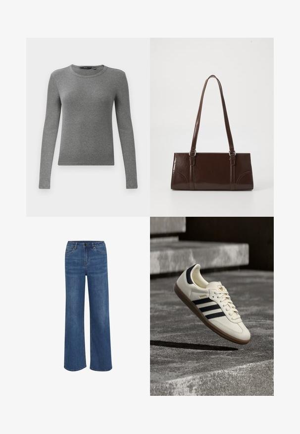 Grauer, langärmeliger Rippstrickpullover mit rundem Halsausschnitt und figurbetonter Form. Die Textur wirkt glatt und elastisch, ideal zum Layering.; Weite Jeans aus mittlerem blauen Denim. Mit Knopf- und Reißverschluss, fünf Taschen und subtilen Verblassungen im Stoff.; Weißer Adidas Samba Sneaker mit schwarzen Streifen und Gummisohle, schwebend über strukturierten grauen Betontreppen.; Braune Lackleder-Handtasche in rechteckiger Form, mit zwei langen Griffen und subtilen, geschwungenen Akzenten auf der Vorderseite.