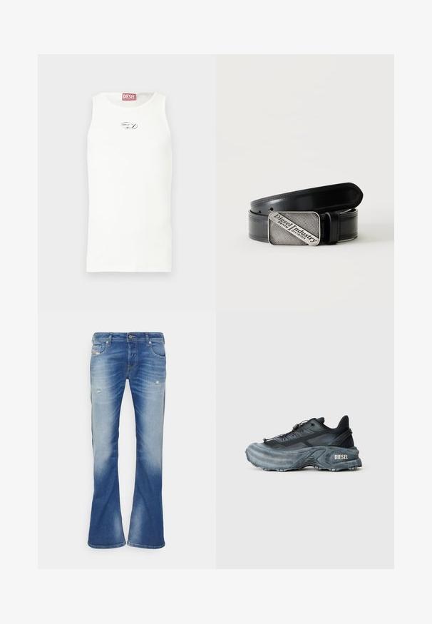 Witte mouwloze tanktop gemaakt van gladde stof, met een klein zilveren logo op de borst en een rood label aan de halslijn.; Blauwe vervaagde bootcut jeans met lichte slijtage op de voorkant van de bovenbenen en een klassieke vijfzakkenontwerp op een witte achtergrond.; Zwarte en grijze Diesel sneakers met dikke zool, vetersluiting en gestructureerd ontwerp op een effen lichtgrijze achtergrond.; Zwarte leren riem met rechthoekige zilverkleurige gesp met daarin de gegraveerde tekst "Diesel Industry Denim Division" op een licht gestreepte achtergrond.