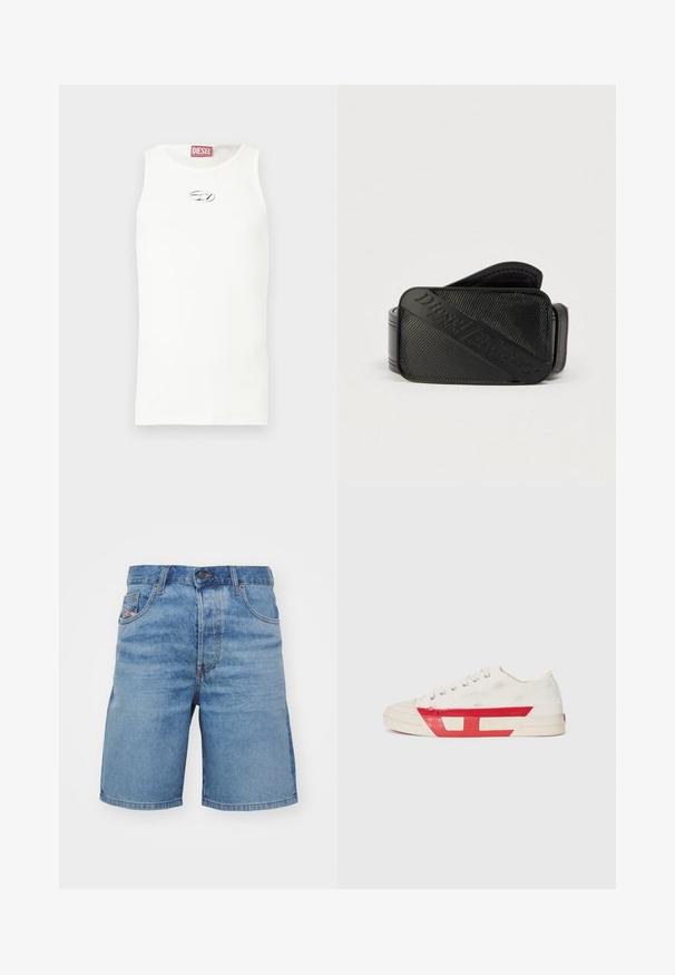 Camiseta blanca sin mangas hecha de tela suave, con un pequeño logo plateado en el pecho y una etiqueta roja en el cuello.; Pantalones cortos de mezclilla azul claro con un corte clásico, ligero desvanecimiento, diseño de cinco bolsillos y costuras tono cobre. Presentan un cierre frontal con botón.; Zapatilla de lona con parte superior blanca, acentos de goma roja y un diseño texturizado. Presenta una puntera redonda y cinco ojetes para los cordones.; Cinturón negro con un diseño texturizado y un logotipo en relieve prominente. El material parece suave con un acabado similar al cuero.