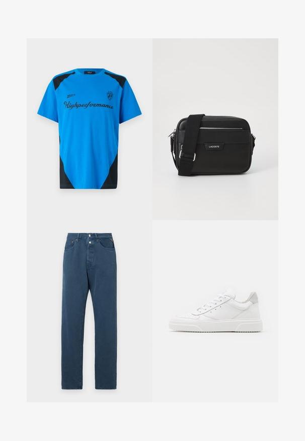 Replay SHORT SLEEVE GRAPHIC - Trükipildiga T-särk - azzurro; Sinised teksad sirge lõikega, kõrge vöökoha, kahe esipocketi ja nööbiga sulgemisega. Kangas näeb välja sile ja ilma kaunistusteta.; Valged nahast spordijalatsid siledast nahast viimistlusega, ümarate varvastega, lamekestega ja tekstuuriga tallaga. Hall suede aktsent kanna juures.; Mustang mustekott tekstureeritud sünteetilisest materjalist, hõbedased detailid, reguleeritav rihm, ees logo plaat ja lukuga sulgemine.