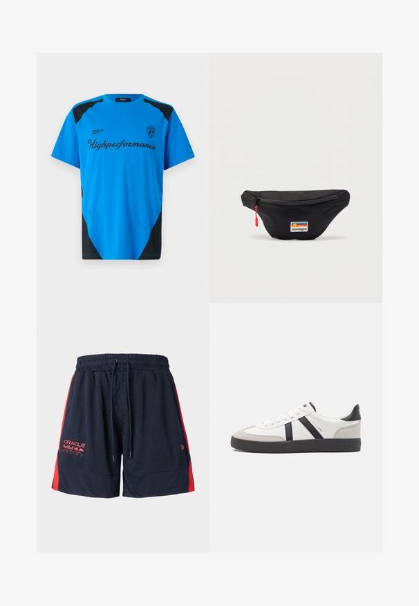 Replay SHORT SLEEVE GRAPHIC - T-Shirt print - azzurro; Marineblaues Mesh-Shorts mit roten Seitenpanelen. Mit elastischem Bund und Kordelzug. Enthält gesticktes Logo am linken Oberschenkel.; Weiße Sneaker mit schwarz- und grau-aczenten, ausgestattet mit einer strukturierten grauen Zehenkappe, schwarzer Gummi-Sohle und flachen weißen Schnürsenkeln. Sauberes Design, minimalistische Stil.; Schwarze Bauchtasche mit rotem Reißverschlussanhänger und einem rechteckigen "Montagne"-Logo-Patch mit Sonne und Streifen auf der Vorderseite.