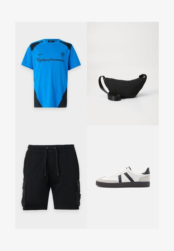 Replay SHORT SLEEVE GRAPHIC - T-shirts print - azzurro; Sort cargo shorts lavet af en bomuldsblanding, med to sidelommer, justerbar talje med snor og en glat tekstur.; Hvide sneakers med sorte og grå detaljer, med en tekstureret grå tåhætte, sort gummisål og flade hvide snørebånd. Rent design, minimalistisk stil.; Sort vævet stof taske med en buet form, der har en glat sort rem og en struktureret overflade. Velegnet til crossbody eller hoftebæring.