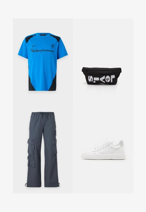 Replay SHORT SLEEVE GRAPHIC - Μπλουζάκι με στάμπα - azzurro; Σκούρες γκρι cargo παντελόνες με ελαστική μέση, πολλούς μεγάλους θρόιστους στις πλευρές και ρυθμιζόμενους σωλήνες στους αστραγάλους.; Λευκά δερμάτινα αθλητικά παπούτσια με απλή επιφάνεια, στρογγυλή μύτη, επίπεδα κορδόνια και ανάγλυφη σόλα. Γκρι σουέτ λεπτομέρεια στη φτέρνα.; Μαύρη υφασμάτινη τσάντα με επίπεδο σχήμα, που διαθέτει έντονο λευκό κείμενο. Με κλείσιμο φερμουάρ στην κορυφή και λεπτομέρεια βρόχου στη μία πλευρά.