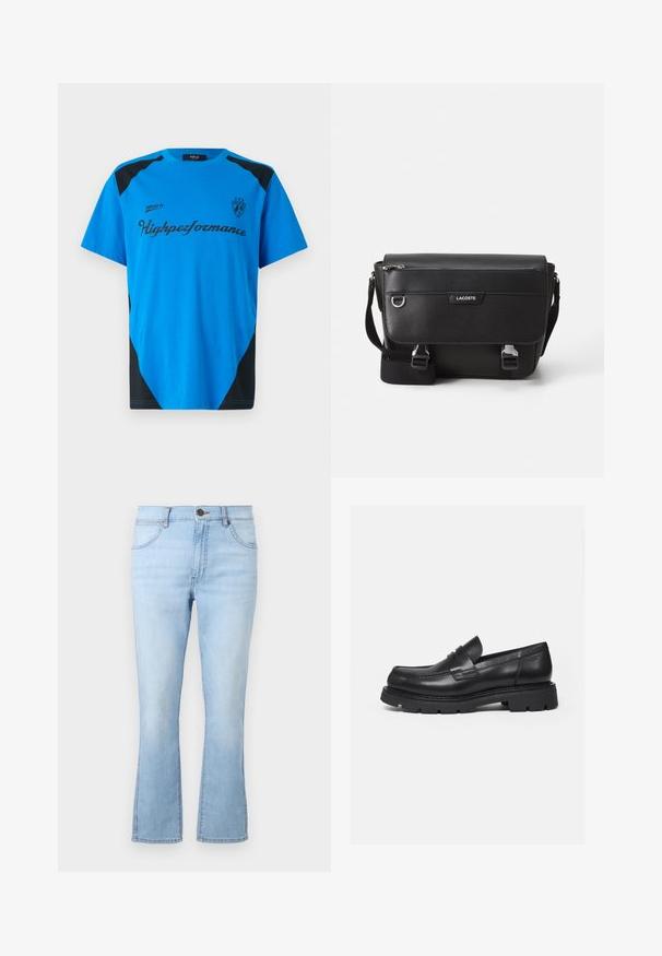 Replay SHORT SLEEVE GRAPHIC - Μπλουζάκι με στάμπα - azzurro; Ανοιχτό μπλε φαρδιά τζιν παντελόνια από τζιν υλικό με πέντε τσέπες, κουμπί και φερμουάρ, καθώς και αντίθετες ραφές. Διαθέτει ελαφρώς ξεθωριασμένο φινίρισμα.; Μαύρο δερμάτινο μοκασίνι με χοντρή ραβδωτή σόλα και λεπτομέρεια με λουράκι penny, εμφανιζόμενο σε προφίλ δεξιά σε λευκό φόντο.; Μαύρη υφασμάτινη τσάντα ώμου Lacoste με ρυθμιζόμενο λουρί, εμπρόσθιο καπάκι, τσέπη με φερμουάρ και μεταλλικές κλειστές θηλιές.