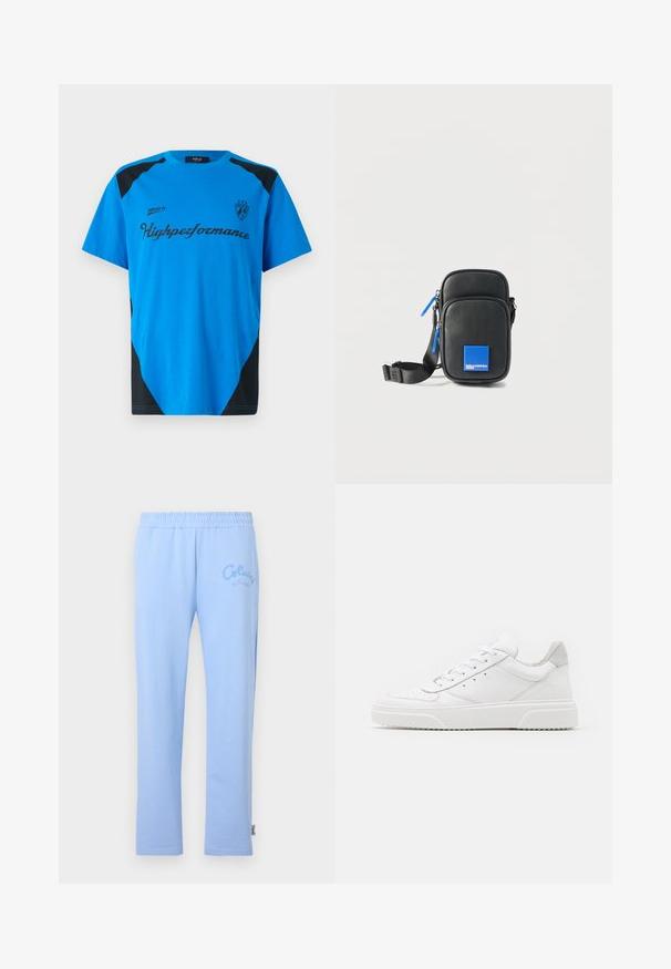 Replay SHORT SLEEVE GRAPHIC - Trükipildiga T-särk - azzurro; Heledad sinine puuvillane dressipüksid elastse vööga. Vasakul küljel on brodeeritud "Colucci" logo ja sirge jala disain.; Valged nahast spordijalatsid siledast nahast viimistlusega, ümarate varvastega, lamekestega ja tekstuuriga tallaga. Hall suede aktsent kanna juures.; Väike must nahast risti kehakott siniste tõmblukkude ja esipoolsel taskul sinise logomärgiga, millel on kiri "KARL LAGERFELD JEANS".