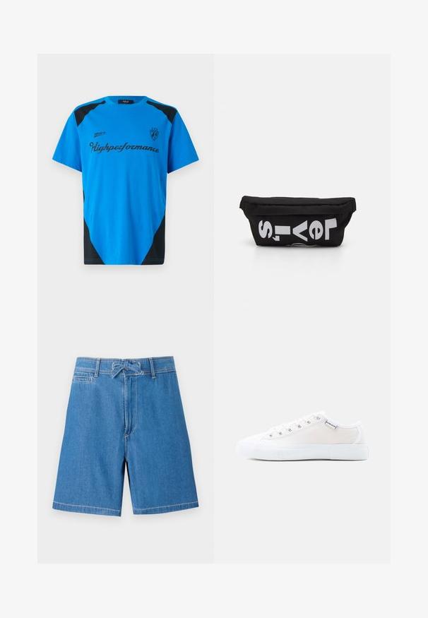 Replay SHORT SLEEVE GRAPHIC - T-shirt imprimé - azzurro; Shorts en denim bleu clair avec une taille élastique à cordon de serrage, poches avant et coutures contrastées. Design classique, coupe au genou.; Baskets blanches en toile basse avec semelle en caoutchouc blanche et lacets blancs, étiquette latérale affichant le logo "Björn Borg".; Sac en tissu noir de forme plate, avec un texte blanc en gras. La fermeture éclair est située en haut, avec un détail en boucle sur un côté.