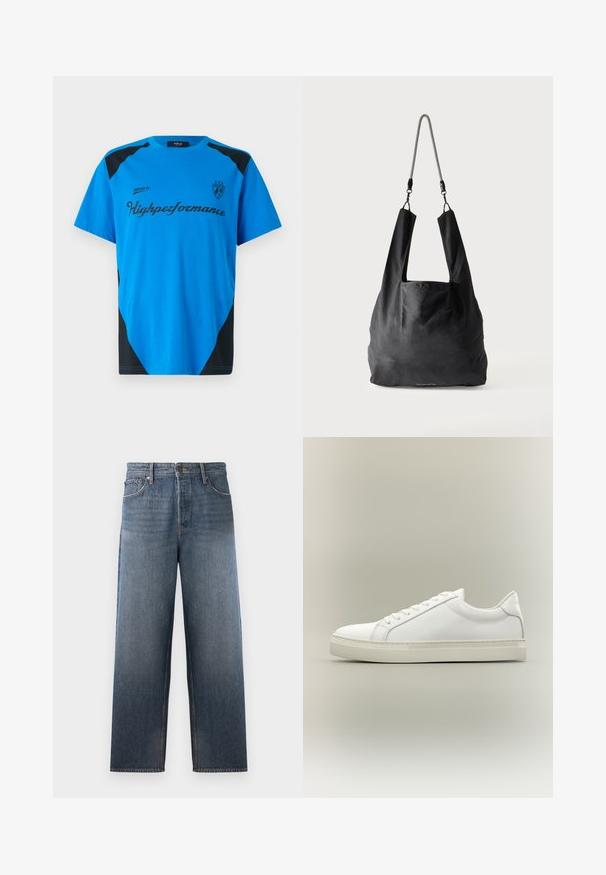 Replay SHORT SLEEVE GRAPHIC - T-Shirt print - azzurro; Jeans aus Denim in mittlerem Blau mit einem geraden Bein Design, ausgestattet mit fünf Taschen, einem Knopf- und Reißverschluss sowie subtilen Verblassungen.; Weißer Sneaker mit niedrigem Schaft, vorn mit Schnürung und dicker Sohle, aus der Seitenansicht vor neutralem Hintergrund.; Schwarze weiche Stofftragetasche mit breiten Griffen und einem dünnen schwarz-weißen geflochtenen Schulterriemen.