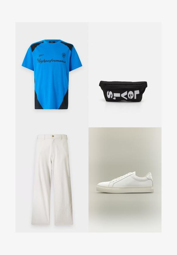 Replay SHORT SLEEVE GRAPHIC - Camiseta estampada - azzurro; Pantalones de pierna ancha beige fabricados en algodón, con cremallera y cierre de un botón. Cuenta con bolsillos frontales y un acabado de tela texturizada.; Zapatilla blanca de perfil bajo con cordones en la parte delantera y suela gruesa, mostrada de lado sobre un fondo neutro.; Bolsa de tela negra con forma plana, que presenta texto blanco en negrita. El cierre de cremallera se encuentra en la parte superior, con un detalle de asa en un lado.
