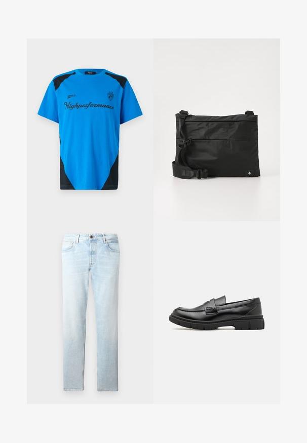Replay SHORT SLEEVE GRAPHIC - Tričko s potlačou - azzurro; Svetlomodré denimové džínsy so strihom s rovnými nohavicami, piatimi vreckami a jedným tlačidlom na zapínanie, so zosvetlenými škvrnami a jemnou textúrou.; Čierne kožené mokasíny so širokým pásikom cez priehlavok, gumová podrážka s hrubým dezénom a hladký povrch. Klasický, elegantný dizajn.; Čierna nylonová taška cez rameno s nastaviteľným popruhom, plochým dizajnom a bočnou nálepkou s logom. Hladká textúra a minimalistický štýl.