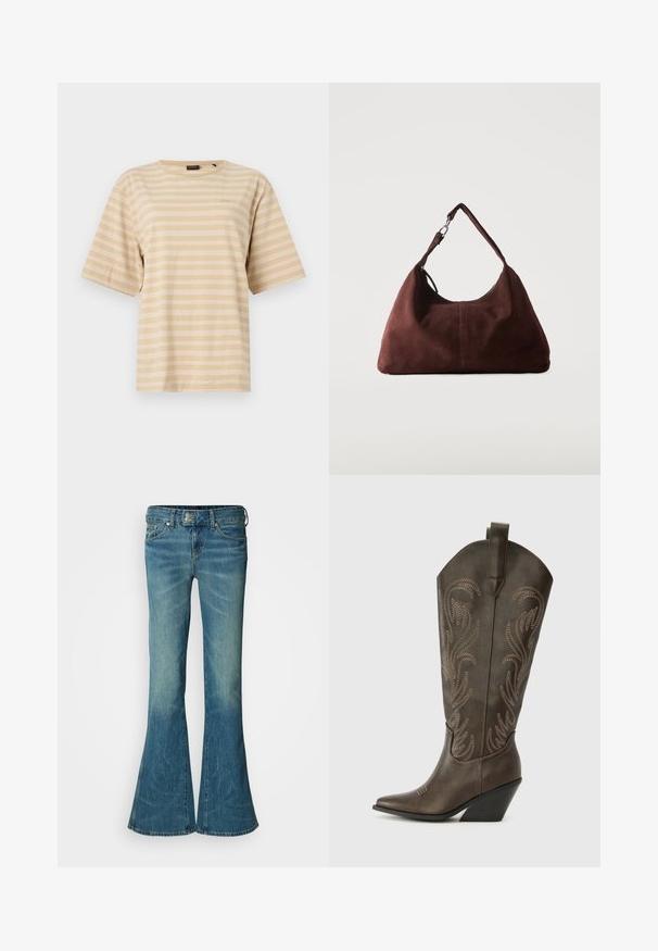 T-shirt beige à manches courtes avec fines rayures blanches horizontales et col rond.; Jean en denim bleu évasés avec une finition délavée, présentant un design classique à cinq poches et une fermeture à bouton en métal à la taille.; Botte de cowboy en cuir marron avec un embout pointu, un talon compensé et des broderies décoratives. Dispose d'un long tige et d'une languette de tirage.; Sac bandoulière en daim marron doux avec une seule lanière et des accessoires métalliques argentés sur un fond clair uni.